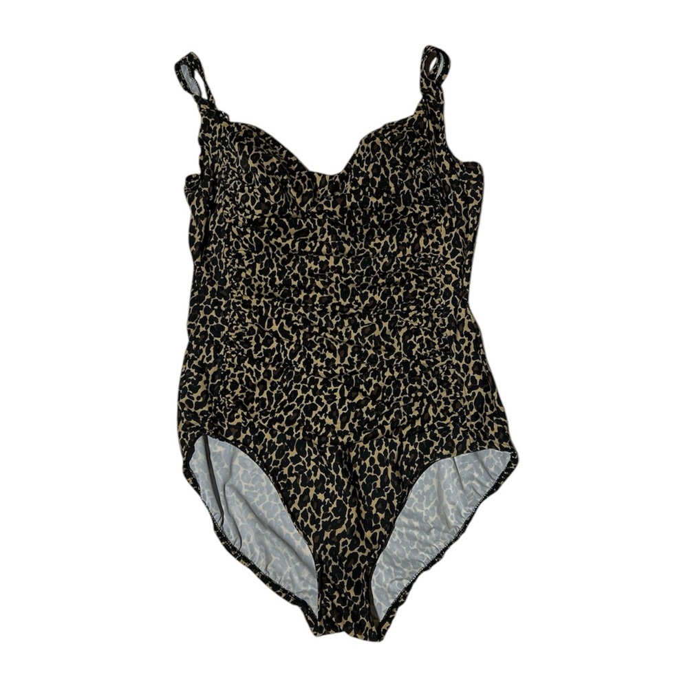 TrimShaper Ruched One Piece Cheetah Animal Print Swimsuit Bathing Suit Size 16 - Picture 1 of 6
